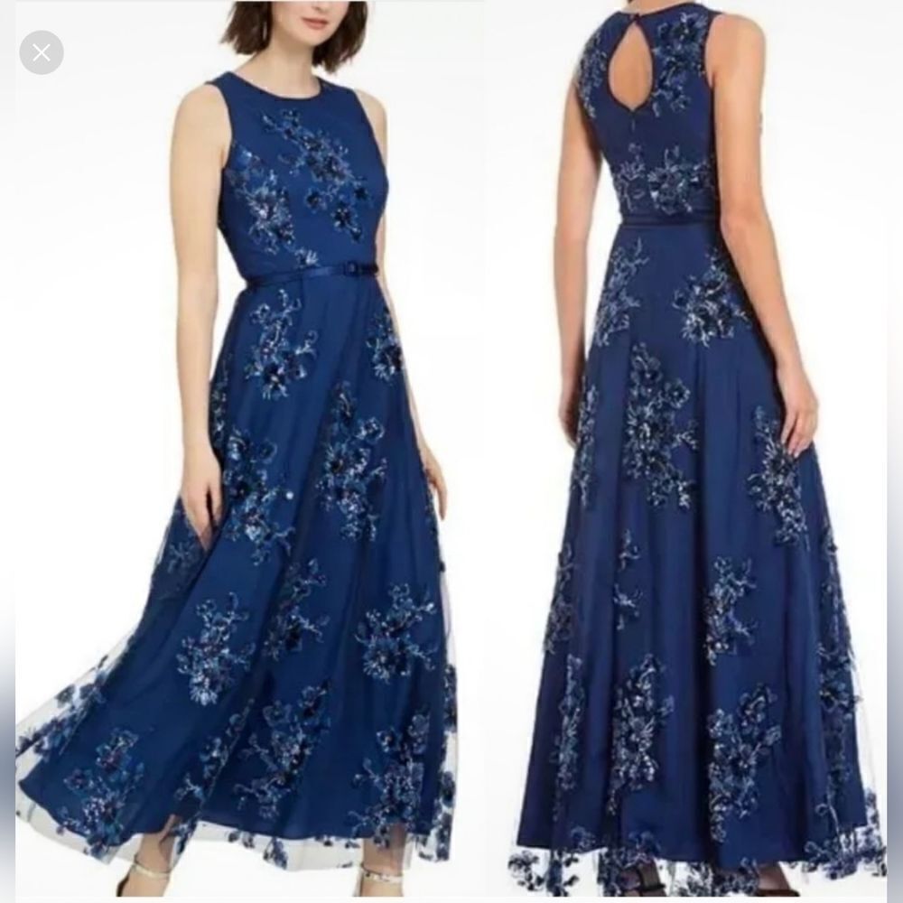 Eliza J Sequin Floral-Print Belted Gown NWOT size 6 navy blue
